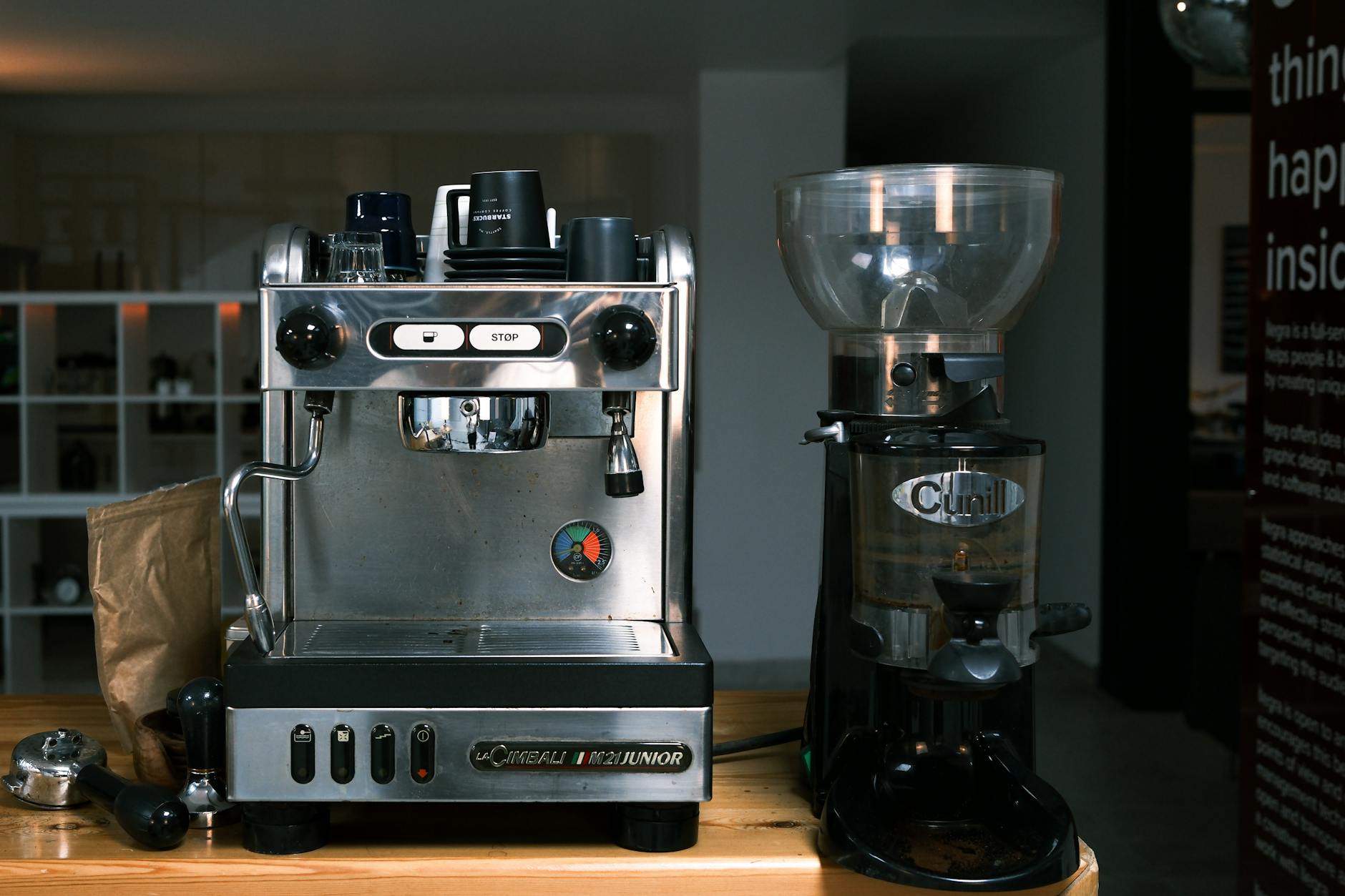 commercial espresso machine and grinder setup